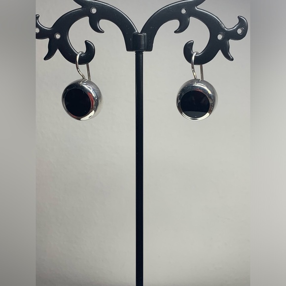 Early Silpada Very Rare Sterling & Chunky Round Onyx Inlaid French Wire Earrings - Picture 2 of 9